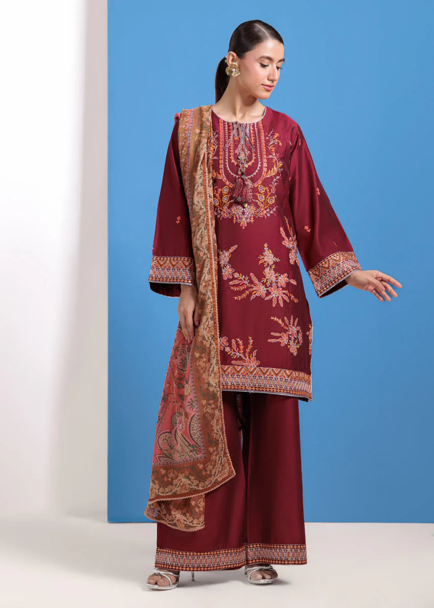 Maroon-Cotton Silk-3 Piece (WPS25FE3023) J(114) - Image 3
