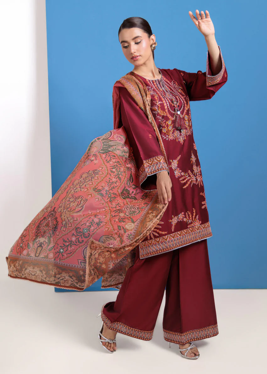 Maroon-Cotton Silk-3 Piece (WPS25FE3023) J(114) - Image 5
